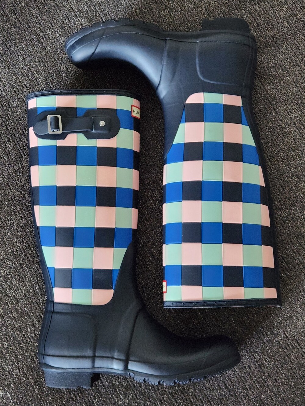 ☔️RARE Hunter☔️ - Blue/Pink Gingham Matte Finish Tall Wellington Rain Boot - Picture 5 of 12